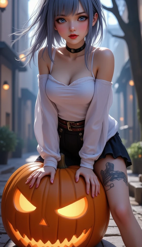 Computer graphics, 1 girl, Serious face,  Red lipstick, Blue-gray hair , , tied in a ponytail on the right , blue eyes,  Off-the-Shoulder Tops, Fashion Skirts  , Tattoo on the thigh , Chest tattoo ,  poses, dynamic , Sitting on a giant pumpkin, nighttime, tomb, Halloween