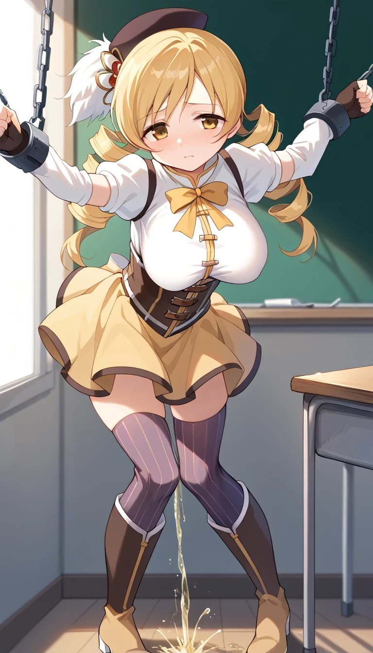 (masterpiece, best quality), 1girl,mami tomoe, blonde hair, drill hair, twin drills, yellow eyes, boots, brown footwear, brown gloves, corset, detached sleeves, fingerless gloves, gloves, hat, juliet sleeves, knee boots, long sleeves, magical girl, puffy sleeves, skirt, striped, striped thighhighs, thighhighs, thighs, vertical stripes, vertical-striped thighhighs, yellow skirt,(big breasts;1.4)(classroom :1.2) (restrained hanging:1.5)(Urinating:1.2)(shy:1.5)
