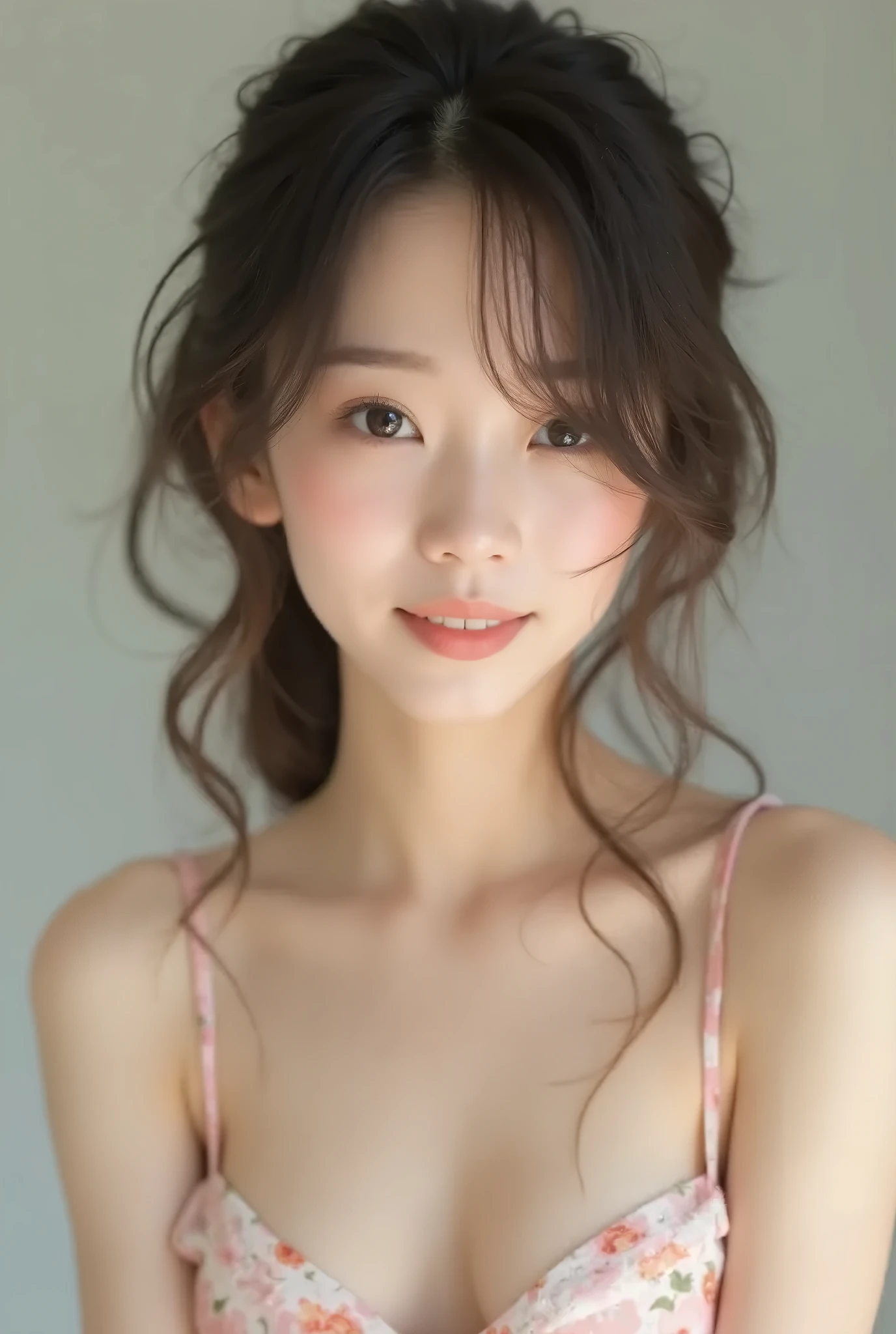 A cute Japanese woman with big eyes who resembles Kyoko Fukada Fair skin My skin is shiny She has big breasts Her hair is brown. white prom dresses