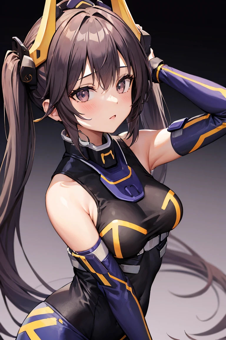 ip2, 1girl, headgear, bodysuit, bare shoulders, twintails, elbow gloves