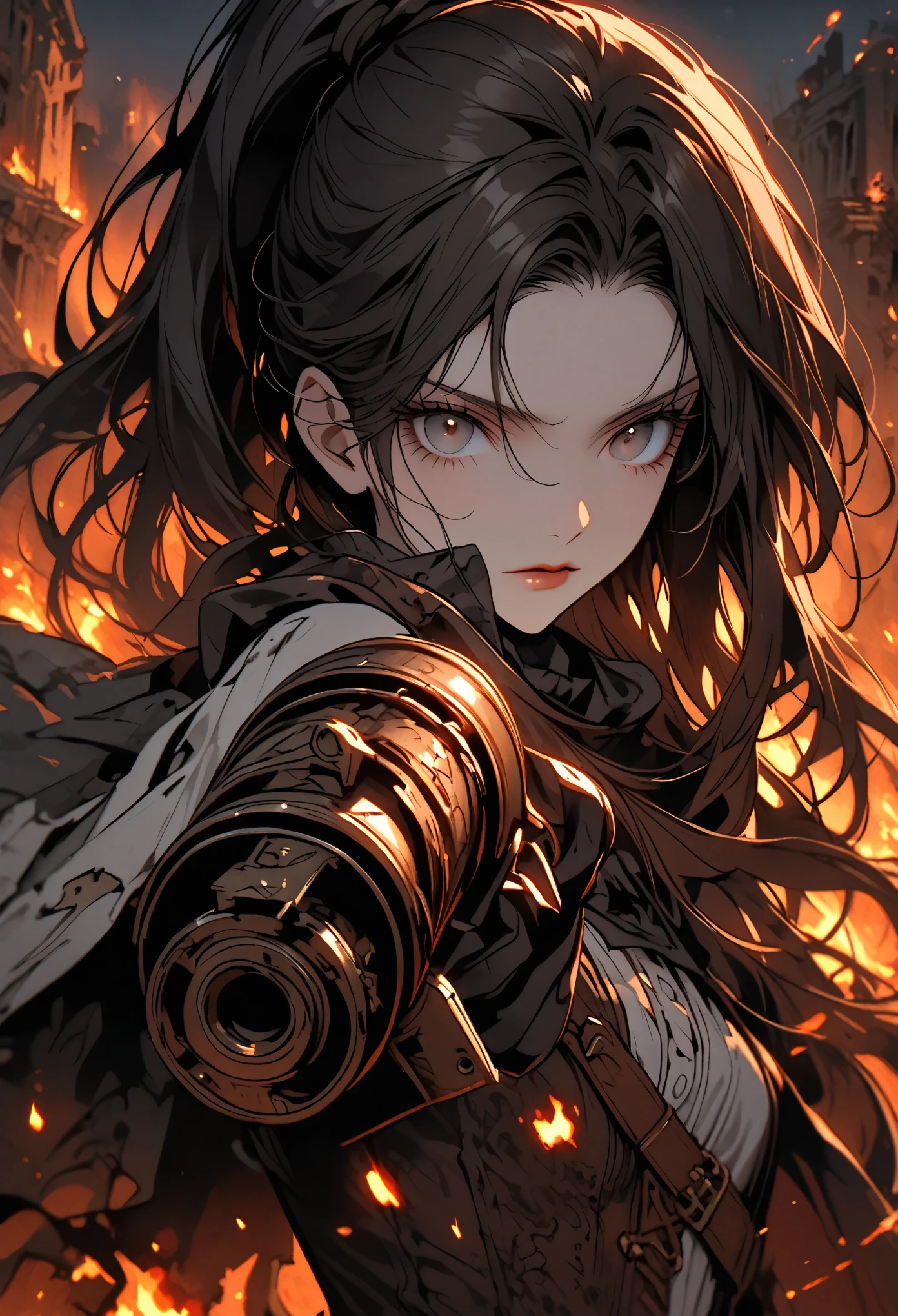 solo, female, close up, long hair, ponytail, brown-black hair, head-mounted bronze device, musket, night, ruins, fire, destroyed city, worn clothes, cape, victorian era, huntress, aiming at viewer