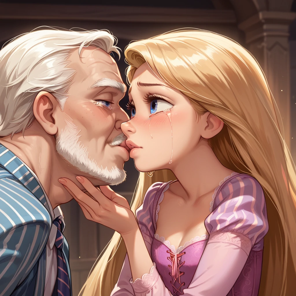 1girl ,rapunzel,,skinny, beautiful, blue eyes, ((red dress)), crying, old man kisses her,  kised by an old man