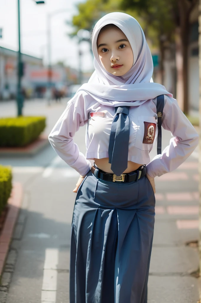 (((Ultra-HD-quality-details))) , school girl wearing hijab (Hijabi) ,Long Sleeve Buttoned Crop Navel Uniform ,indistinct ,pale skin, Long skirt ,belt buckle slightly down (droop) ,both hands on hips ,realistic,(8k resolusion)