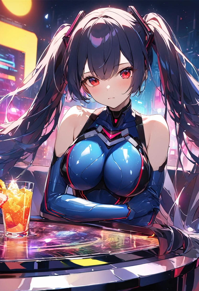 最 high quality、Highest quality、masterpiece、Hatsune Miku VOCALOID、Busty Android Girl ((18 years old、red,  Sparkling Black and Blue Cybersuit、Best Bust、Bust 90、 twin tails、red Eyes、 open your chest wide 、valley、happiness、thin、Expressionless、)） high quality、Beautiful art、  background ((Metro City、 Cyberpunk、nightclub、Cyber World))、 table top to cover upper arms、Exquisite design、 visual art 、