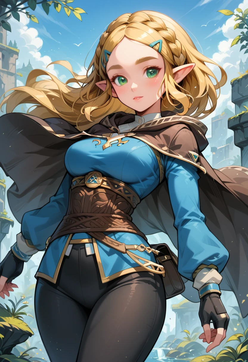 (extremely fine and beautiful:1.1), (perfect details:1.1), (finely detailed eyes and detailed face:1.3), ZeldaSDXL, Princess Zelda, narrow hips, medium breasts, slender thighs, small ears, pointy ears, braid, hair ornament, hairclip, gloves, black gloves, fingerless gloves, blue shirt, shirt, long sleeves, crown braid, bangs, green eyes, parted bangs, pants, black pants, blonde hair, short hair, long hair, cape, sidelocks, hood, thick eyebrows, jewelry, hooded cape, belt, tight pants, tight, puffy sleeves, ( lost path), black tap shoes