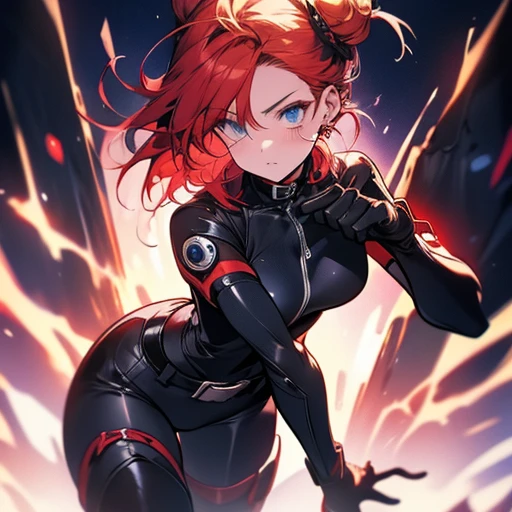 1girl,solo,girl wide hips, girl, blue eyes, hair ornament, ahoge,,Ghastly, large goggles, red hair ,blue eyes, hair bun, lips, black elbow gloves, red bodysuit, black thigh boots, belt,Facial expression