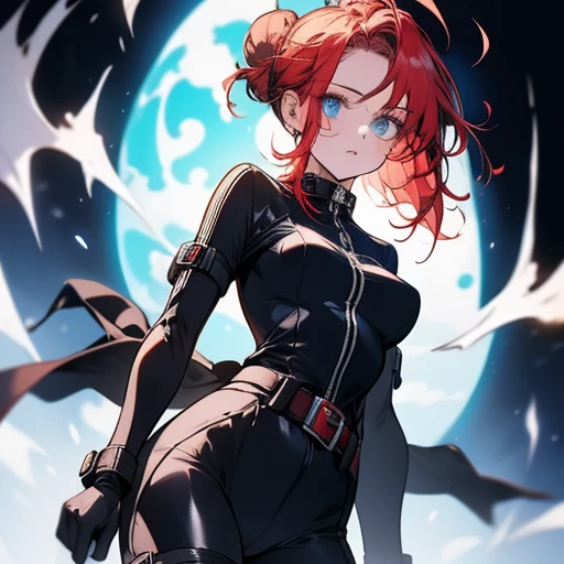 1girl,solo,girl wide hips, girl, blue eyes, hair ornament, ahoge,,Ghastly, large goggles, red hair ,blue eyes, hair bun, lips, black elbow gloves, red bodysuit, black thigh boots, belt,Facial expression