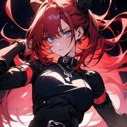 1girl,solo,girl wide hips, girl, blue eyes, hair ornament, ahoge,,Ghastly, large goggles, red hair ,blue eyes, hair bun, lips, black elbow gloves, red bodysuit, black thigh boots, belt,Facial expression