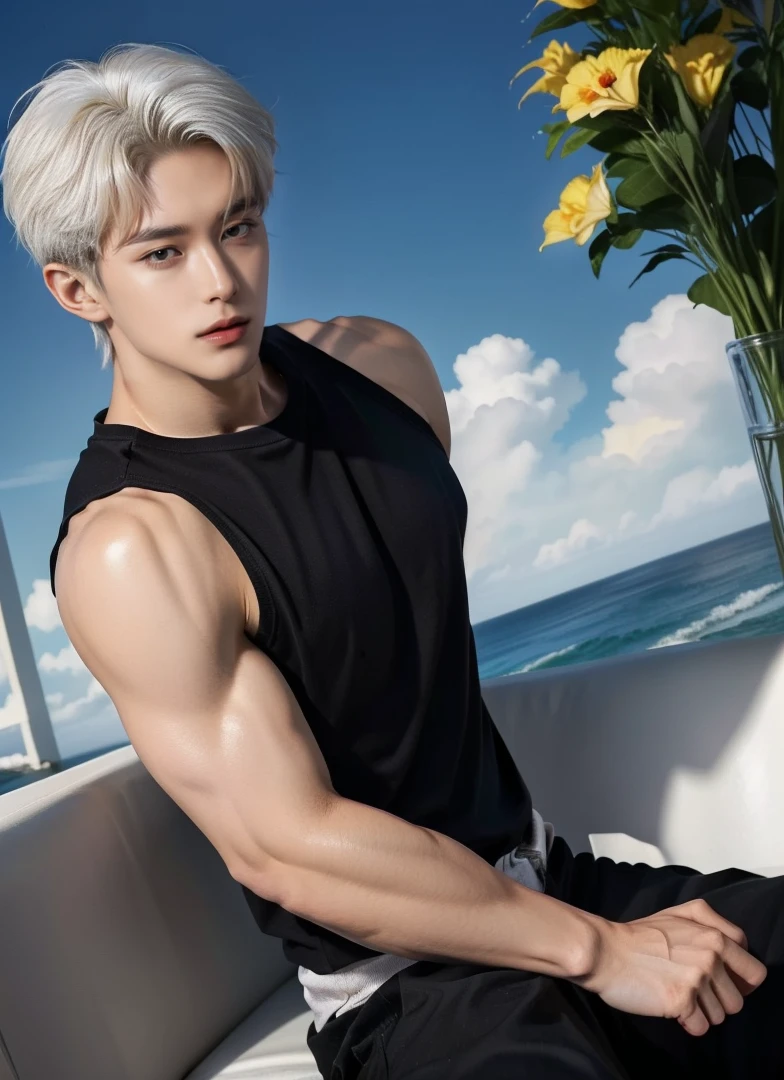 1boy, adult, handsome, perfect face, detailed eyes and face, clean shaved, muscular, capturing a rural atmosphere, dynamic lighting, unreal engine 5, hd picture, satoru gojo, white hair, short hair ,hair between eyes ,blue eyes, white skin
