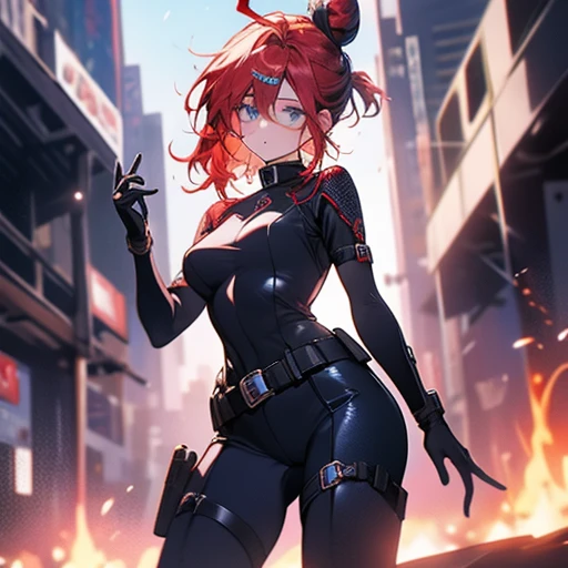 1girl,solo,girl wide hips, girl, blue eyes, hair ornament, ahoge,,Ghastly, large goggles, red hair ,blue eyes, hair bun, lips, black elbow gloves, red bodysuit, black thigh boots, belt,Facial expression