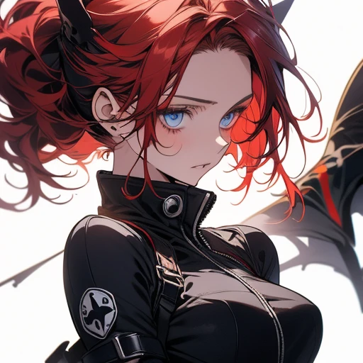 1girl,solo,girl wide hips, girl, blue eyes, hair ornament, ahoge,,Ghastly, large goggles, red hair ,blue eyes, hair bun, lips, black elbow gloves, red bodysuit, black thigh boots, belt,Facial expression