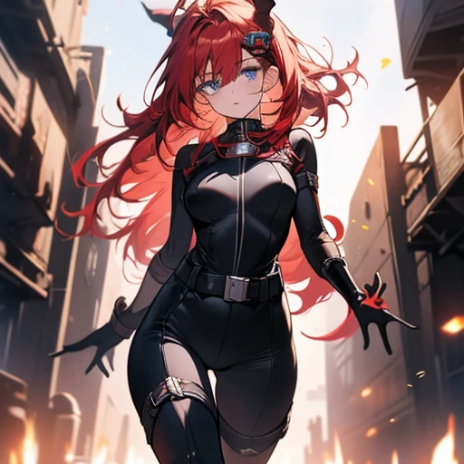 1girl,solo,girl wide hips, girl, blue eyes, hair ornament, ahoge,,Ghastly, large goggles, red hair ,blue eyes, hair bun, lips, black elbow gloves, red bodysuit, black thigh boots, belt,Facial expression