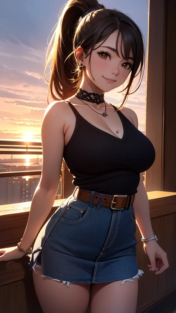  masterpiece ,  high resolution:1.4),  The best quality , illustration,  Ultra detailed, Fine details, highres,  (Perfect dynamic composition) ,  beautiful detailed brown eyes , shiny necklace and earrings, (sexy dynamic body),  beautiful long brown hair , 26 years old, (highest quality,4k,8K, high resolution, masterpiece :1.2), super detailed, abdomen,  Smiling with a little emotion , , thighs, COWBOY SHOT,  Big breasts,  sleeveless high collar black ,  black , collect,  Mini skirt with ruffles and bobbin lace ,Cara sexy,( a belt),Bags, (A necklace),(piercings), Shoulderless V-neck sweater with big and loose bobbin lace, Use the sunset as lighting , cinematic light , ( ponytail hairstyle)