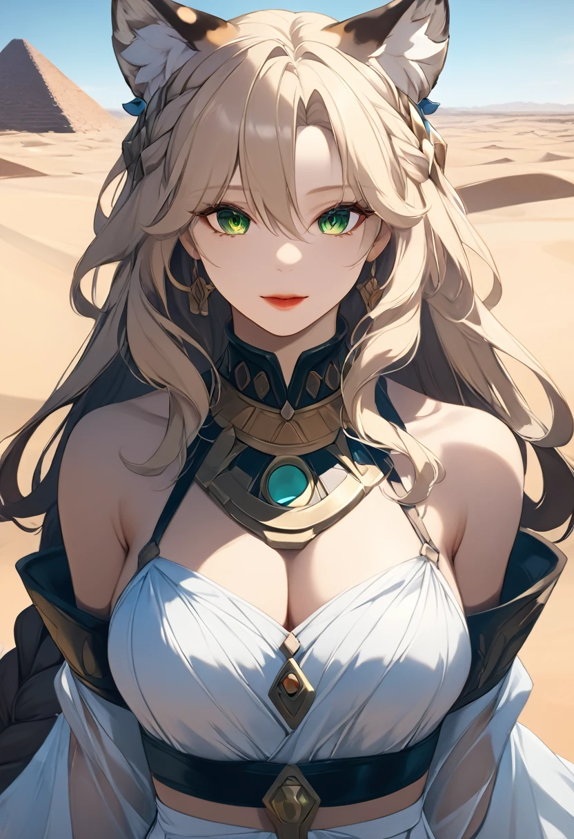 sCore_9,sCore_8_above,Core_7_above, 1 girl, Xilonen  ( impact of genshin ),  animal ocelot ears , bare shoulders, blonde, Braid, breasts,  cleavage , dark skin, green eyes, smile,  hair between the eyes ,  Head tilt, long hair,  looking at the spectator ,  red lips, smile, Alone, aboveper body,  looking at the spectator ,  She's standing in the desert ,  Egyptian desert on background , ( Ultra High Definition :1.2),  masterpiece ,  The best quality ,  Ultra detailed,  cinematic lighting , delicate features,  cinematographic ,  35 mm lens , f/1.9,  highlight lighting , global lighting –abovelight –v 4,  cinematographic , intense look,  cinematic lighting , 8K, High quality, más High quality, (Alone foco), ( extremely intricate :1.3), (realistic), Dramatic, masterful, analogue style, ( film grain :1.5), (warm tone,  cold tone ),  anime style, full-length,   dark and mysterious atmosphere  , glow, eye shadow, 1 girl, thriller fantasy,  depth  & perspective,  mystical powers , fine face,  outside,
