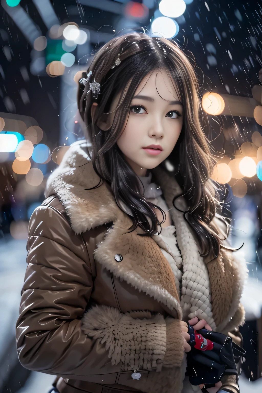 1 Female、Early 20s、(A strong-willed beauty)、(Super beautiful face)、(Detailed face)、Putting on makeup、Wavy brown hair、Christmas snowy night、Standing on the platform of a downtown station、A stopped train is in the background、Shallow depth of field