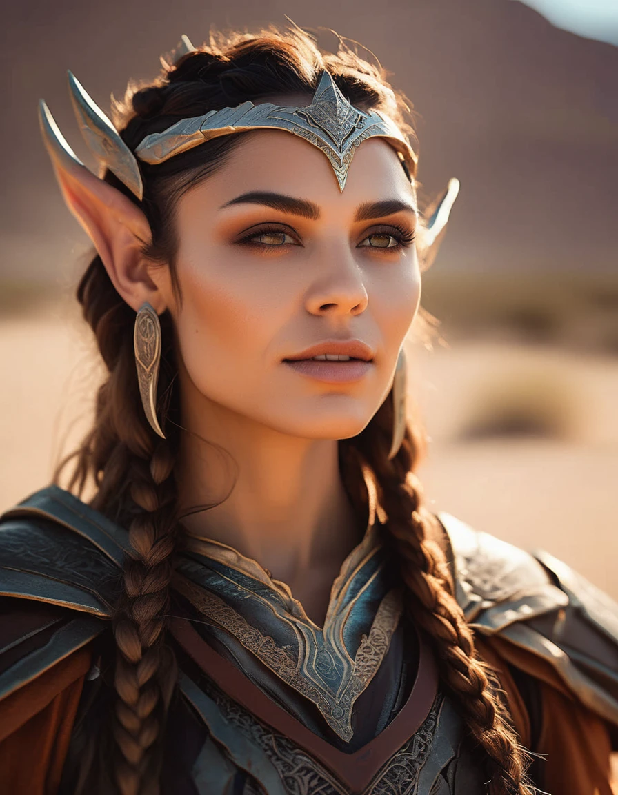 cinematic photo A closeup portait of  (( she live hidden in the desert, highly detailed painting, by Artgerm and Raphael Lacoste  . 35mm photograph, film, bokeh, professional, 4k, highly detailed, elf, elf ears