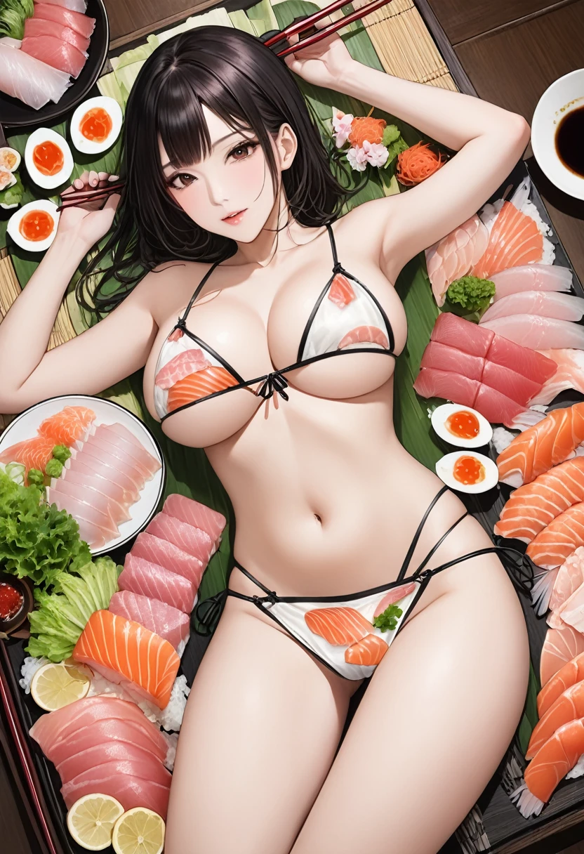 "body sushi", Japanese practice of serving sashimi or sushi from the naked body of a woman.