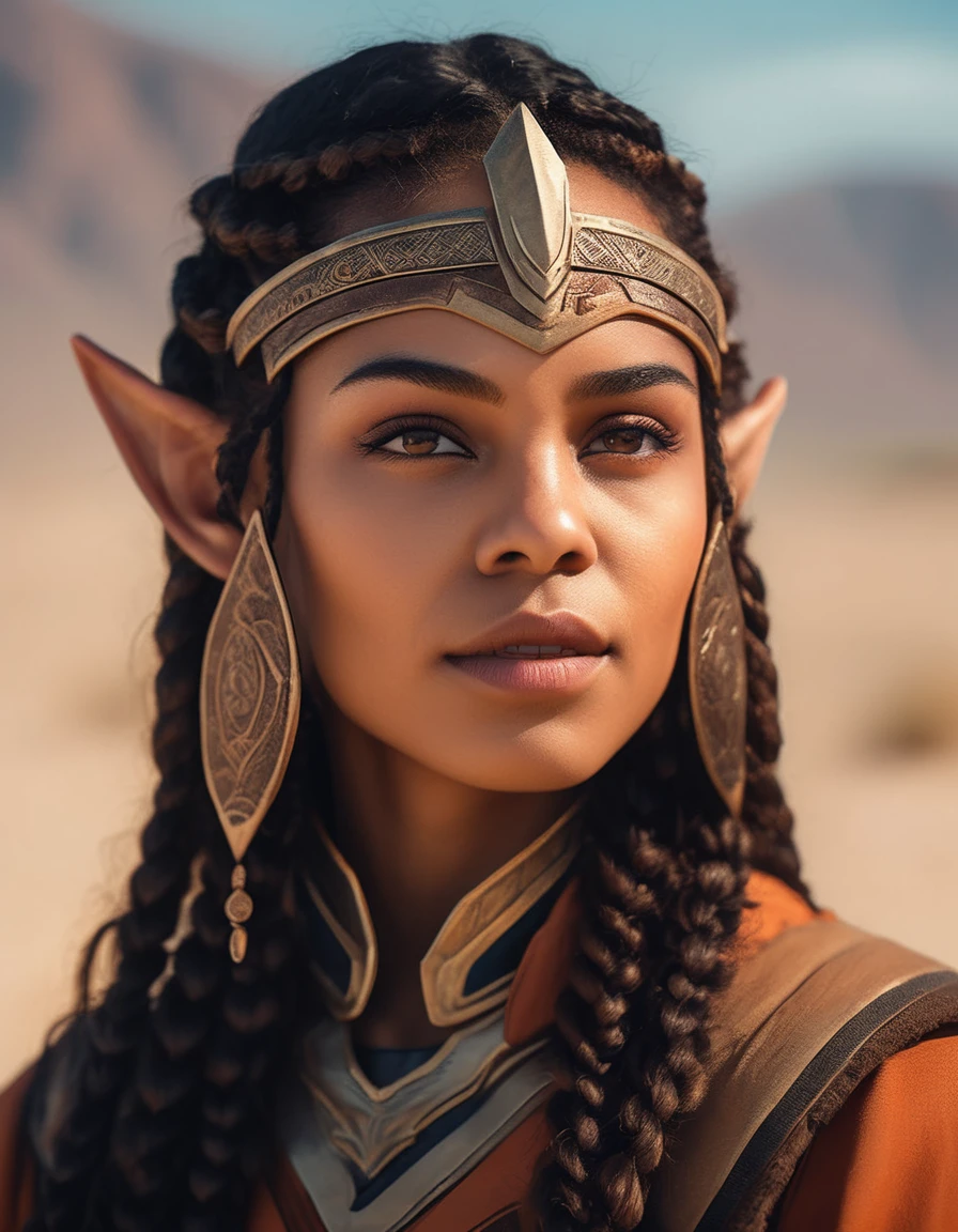 cinematic photo A closeup portait of  (( she live hidden in the desert, highly detailed painting, by Artgerm and Raphael Lacoste  . 35mm photograph, film, bokeh, professional, 4k, highly detailed, elf, elf ears, brown skin, average face