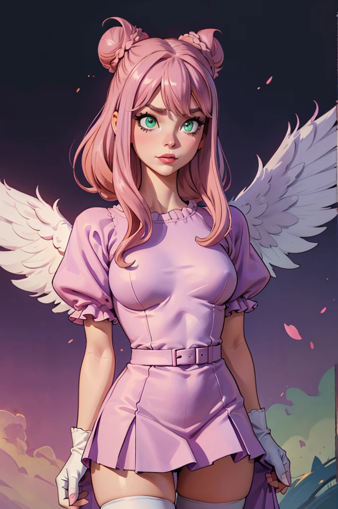 (Better quality,  masterpiece ), looking down, wind, Particle,  upper body, 1 girl, ((angel wings)), ((pink skin)), red lips, medium hair, (((loose hair))), (((two buns hair))), ((lilac hair)), ((green eyes)), Big breast, (((very lilac clothes))), (white gloves), ((lilac bouffant dress)), ((white stockings)), frowning, ((insane face angry)), fringe hair, (smiling), hair bangs, ((aire levantando vestido)), white panties