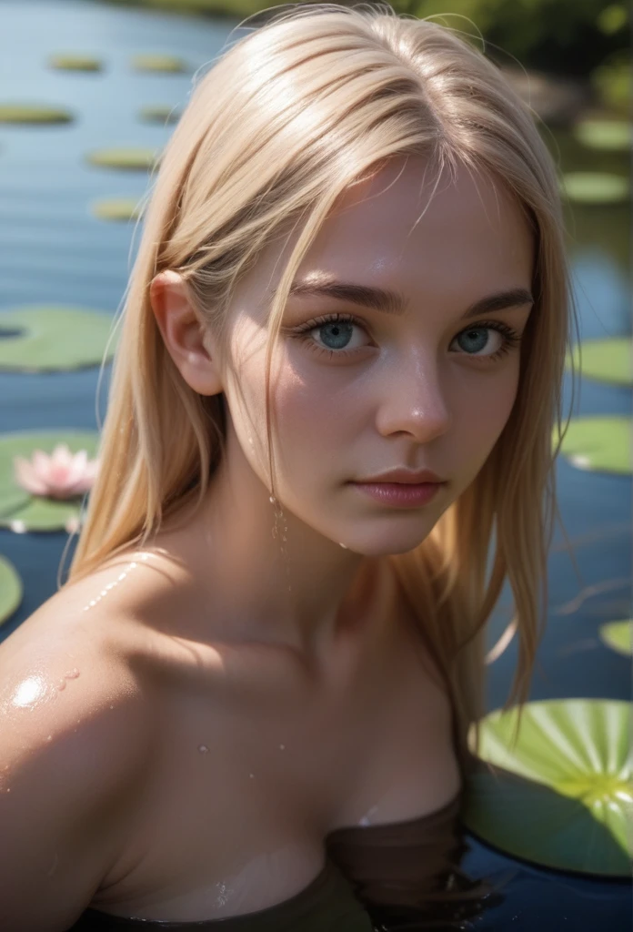 best quality, masterpiece, (realistic:1.2), 1 girl, ((solo:1.2)), standing,((arms behind back:1.2)), Blonde hair, brown eyes,(closed eyes:1.4),,Front,(looking down:1.2), detailed face, beautiful eyes,wear knight armor,No Make Look, (in the darkness nigth:1.6),(The edge of the swamp),nsfw,(nude,Pubic area visible:1.2)