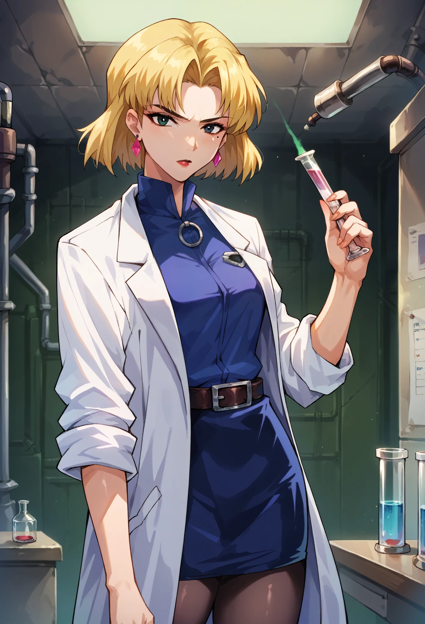 score_9, score_8_up, score_7_up, 1girl, solo, Ritsuko, 1girl, blonde hair, mole under eye, labcoat, earrings, jewelry, short hair, belt, lipstick, makeup darkblue skirt, black pantyhoses, belt, looking at you, serious, elongated test tube, holding a test tube, indoor, lab background,
