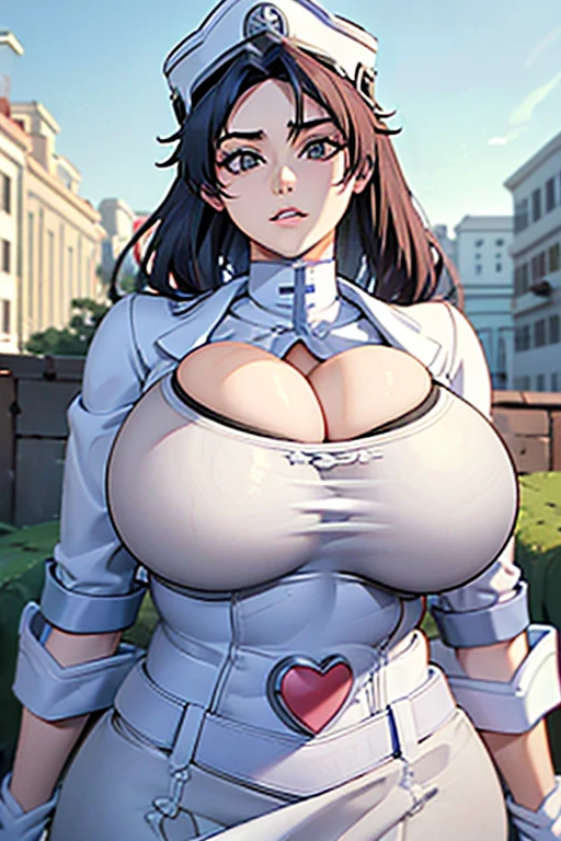 ( best quality), (masterpiece), , Early 20s,  huge heavy breasts , Big chested, Huge breasts, thick, thick lips, Wide hips, thin waist, White military uniform, white hat, white gloves, Meaning , ,  detailed face , parted lips