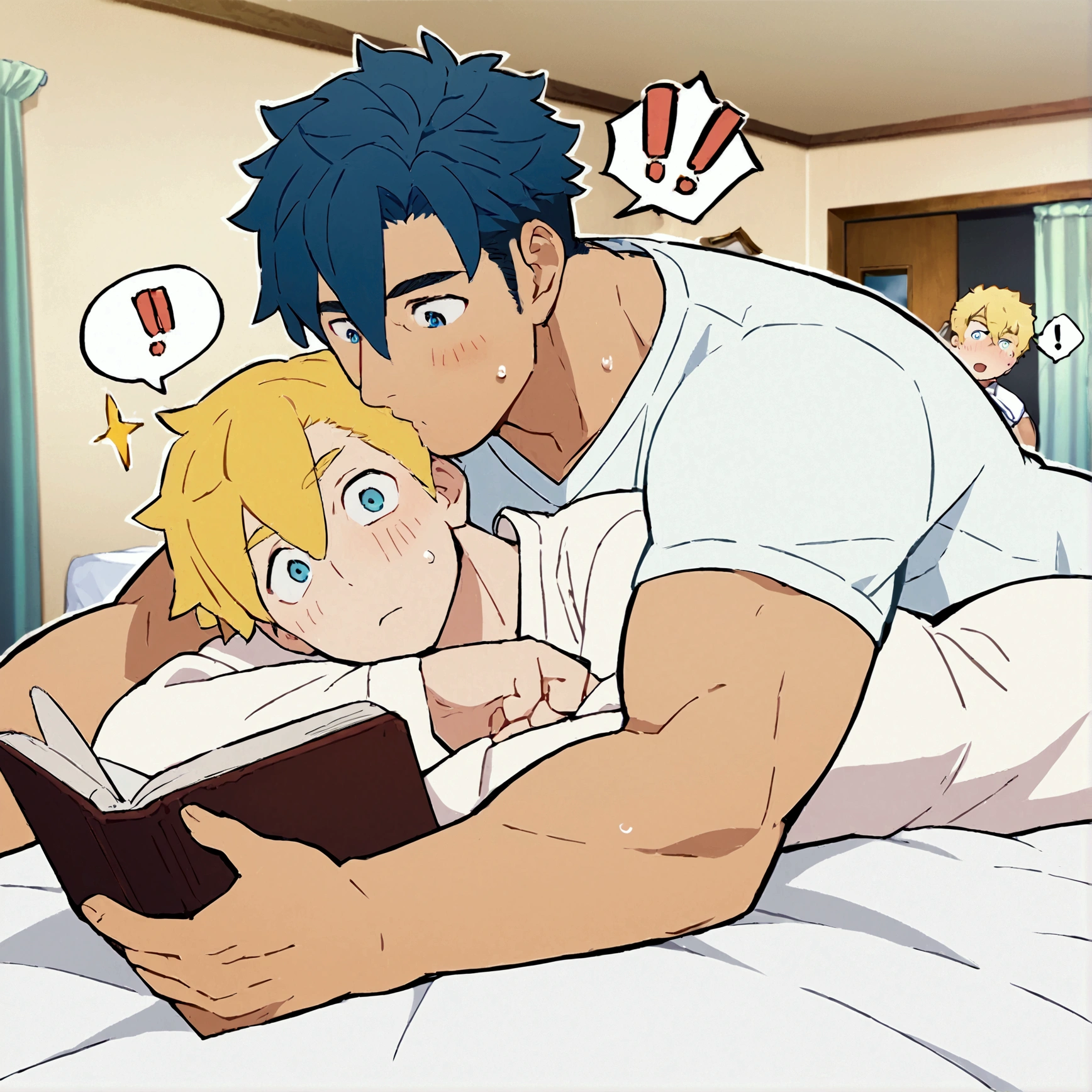 score_9, score_8_up, score_7_up, rating_explicit, source_anime, General, !, !!, !?, 2boys, bed sheet, blonde hair, blue eyes, blue hair, blush, book, closed mouth, eyes closed, muscular, hair between eyes,  heart, indoors, kiss, bara, lying, male focus, multiple boys, nightgown, on bed, on stomach, open book, shirt, short hair, sound effects, sparkle, speech bubble, surprised, sweat, white nightgown, wide-eyed, manly, amazing quality, best aesthetic, game cg, official art, wallpaper, absurdres, high-res, concept art