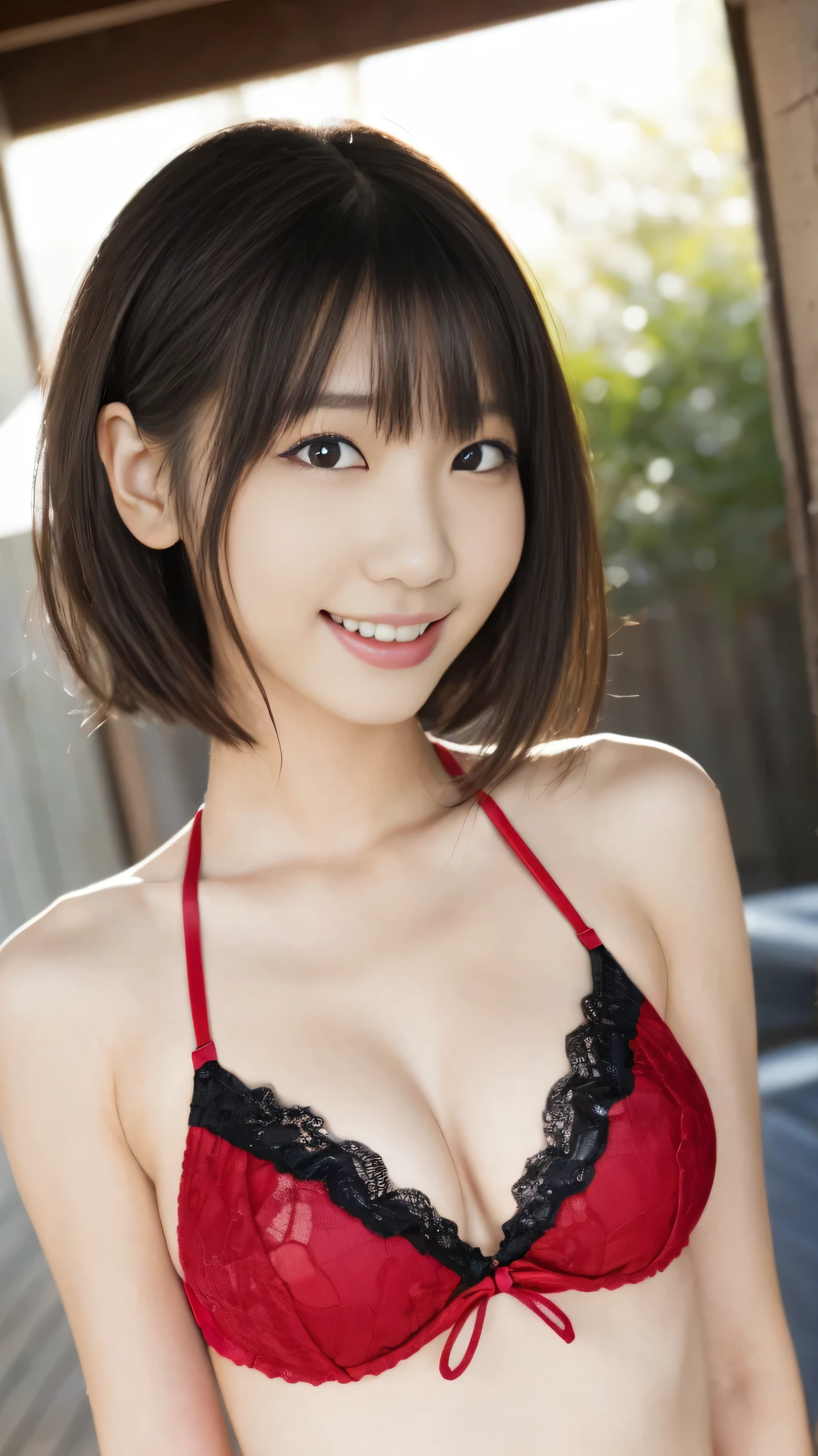 (The most beautiful young Japanese women in the world:1.2)、brown,  slightly disheveled hair and short-cut hair with side waves：1.4，1 person、Magenta, red and black lace bra:1.2、Magenta, red and black lace panties:1.2、 medium、The best smile、masterpiece、top-quality，Great Skin，