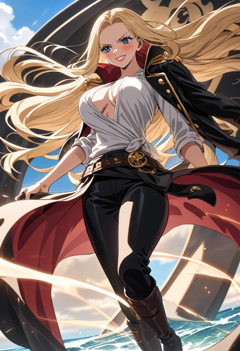 ANIME STYLE,  Female character from One Piece,  blonde and very long hair ,  High resolution , Medis breasts , pink lips. Serene expression, kind,  affectionate smile, Blush. ocean blue eyes.  She dress like a pirate that exudes both power and elegance ,  with a black leather jacket adorned with gold details ,  adjusted to her silhouette and opened at the front ,  revealing a white shirt made of lightweight fabric , tied at bust height .  A band of dark red fabric wraps around her waist ,  superimposed by a leather belt . Your pants are tight,  made of black leather that highlights her agile legs , with high boots.. On the shoulders, a long coat with gold embroidered details and the symbol of your crew on the back, Swings in the wind,  adding a dramatic aura to her look .