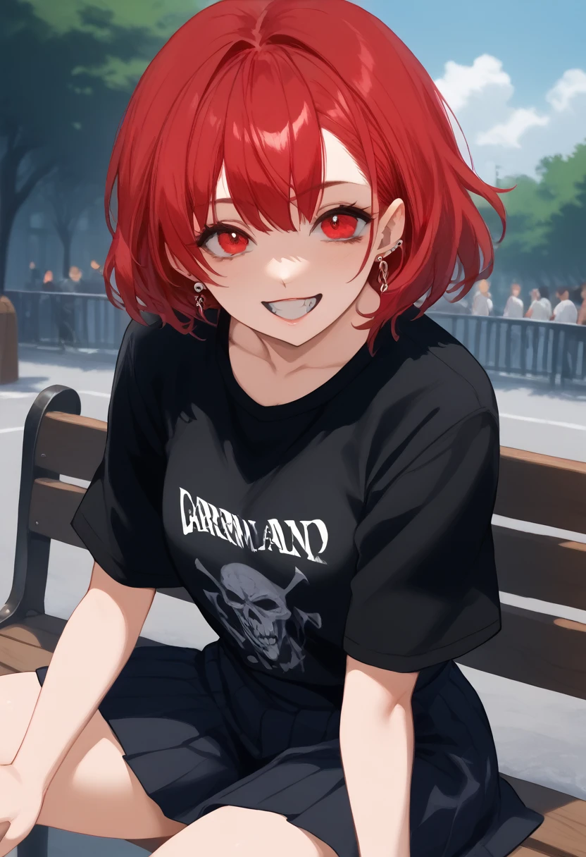 Arafed woman with red hair and piercings sitting on a bench, 4k anime style, [[[[grinning evily]]], anime badass 8 k, evil smile, crazy smile, anime wallpaper 4k, anime wallpaper 4k, anime art wallpaper 4k, anime art wallpaper 4k, detailed digital anime art, grinning lasciviously