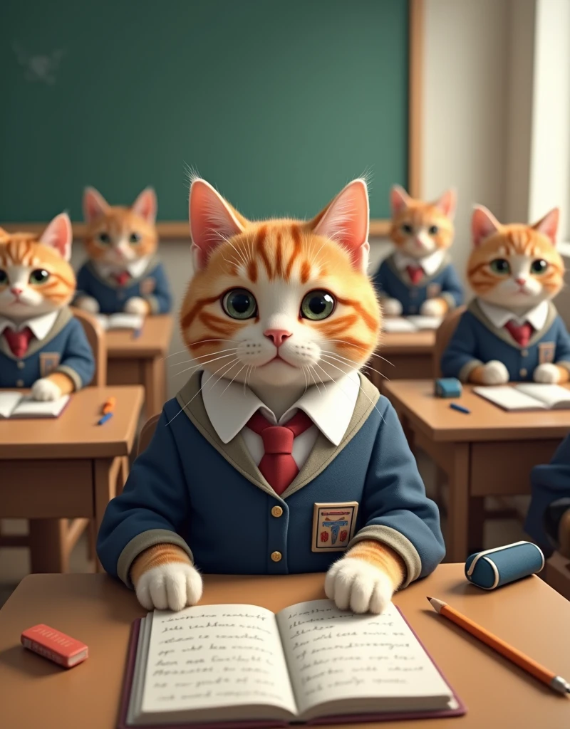 The cat is at your school playground around the other cats are all in school uniforms sitting at the table having lunch 