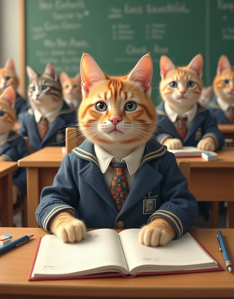 The cat is at your school playground around the other cats are all in school uniforms sitting at the table having lunch 