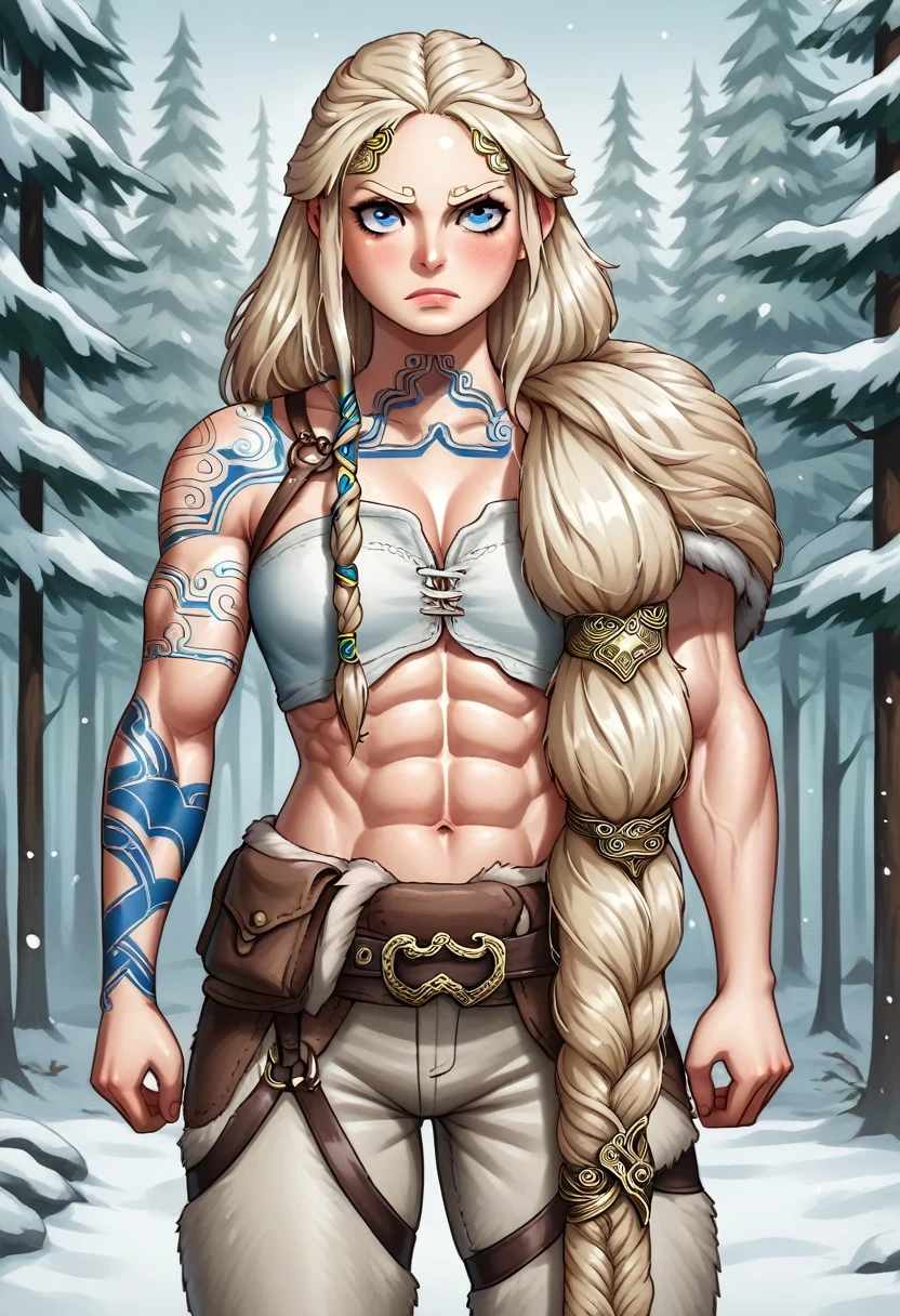 Solo female Vikings, (Young:1.2), (Muscular:1.2), coalescence, Wearing brown furs and hides, (Wear fur:1.3) (Blue Nordic tattoo:1.2), Blue eyes, Platinum blonde hair, (dreadlocks:1.7), (dreads:1.4), (Sideways:1.6), Warrior hair, The environment is Scandinavian forest in winter, Snow, Bare arms, Exposed Navy, (Abs:1.2). Highly detailed, nordic, Berserker, Arm muscles, Leg muscles, (hulking:1.2), leather straps, (Tall:1.4)