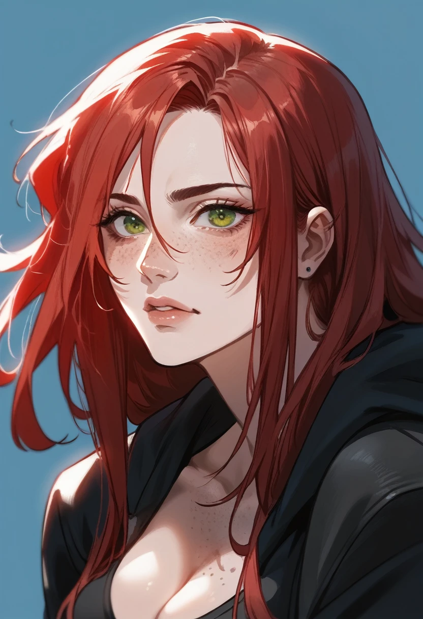 there is a drawing of a woman with red hair and a blue background, a character portrait inspired by Rei Kamoi, deviantart contest winner, digital art, red hair girl, she has red hair, red haired girl, with red hair and green eyes, with red hair, red head, crimson red hair and red eyes, red hair and freckles, halfbody portrait