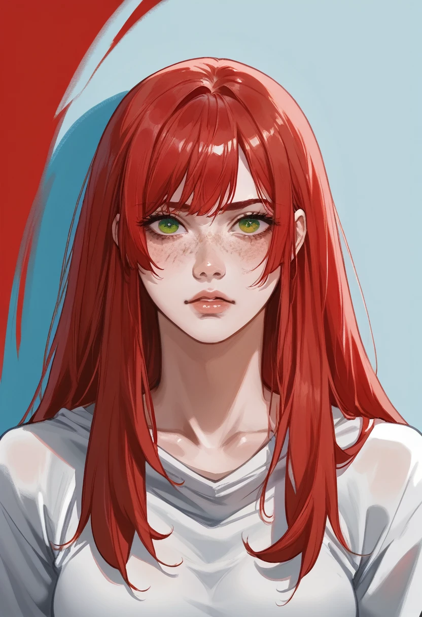 there is a drawing of a woman with red hair and a blue background, a character portrait inspired by Rei Kamoi, deviantart contest winner, digital art, red hair girl, she has red hair, red haired girl, with red hair and green eyes, with red hair, red head, crimson red hair and red eyes, red hair and freckles, halfbody portrait