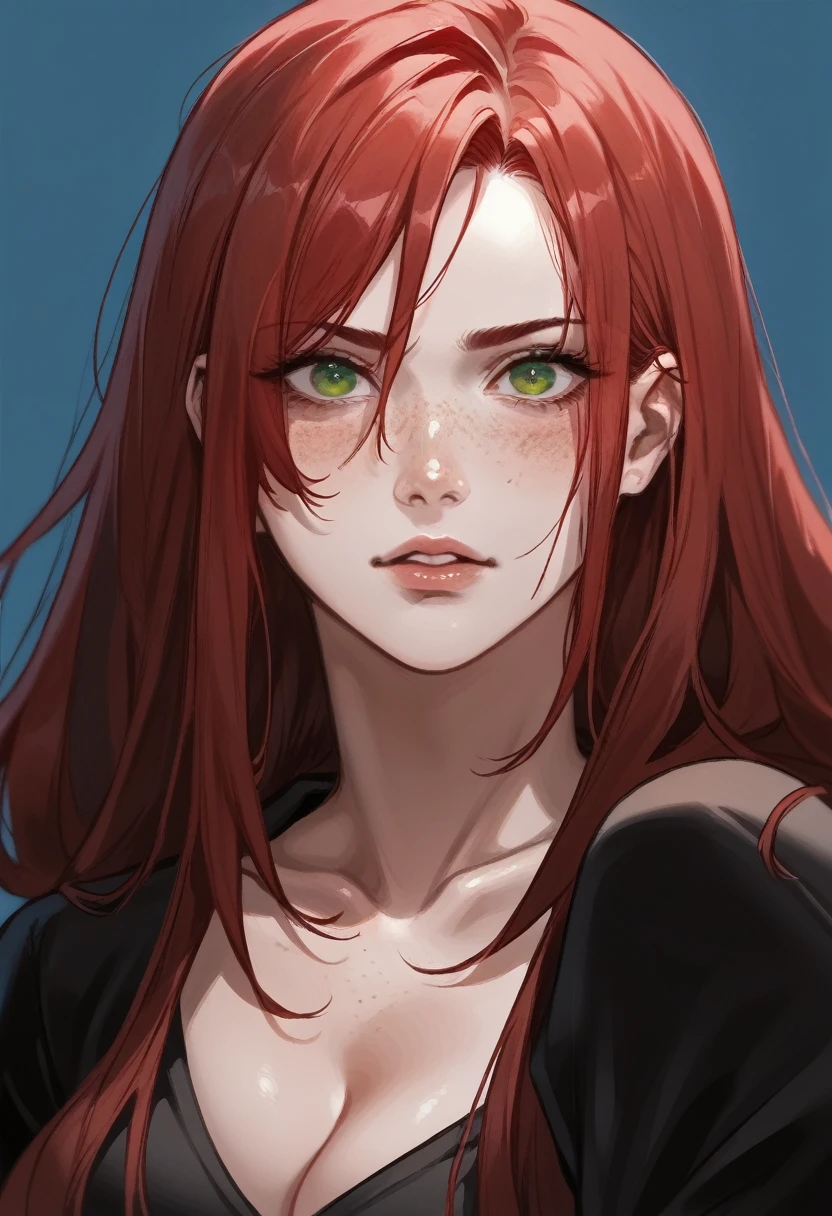 there is a drawing of a woman with red hair and a blue background, a character portrait inspired by Rei Kamoi, deviantart contest winner, digital art, red hair girl, she has red hair, red haired girl, with red hair and green eyes, with red hair, red head, crimson red hair and red eyes, red hair and freckles, halfbody portrait