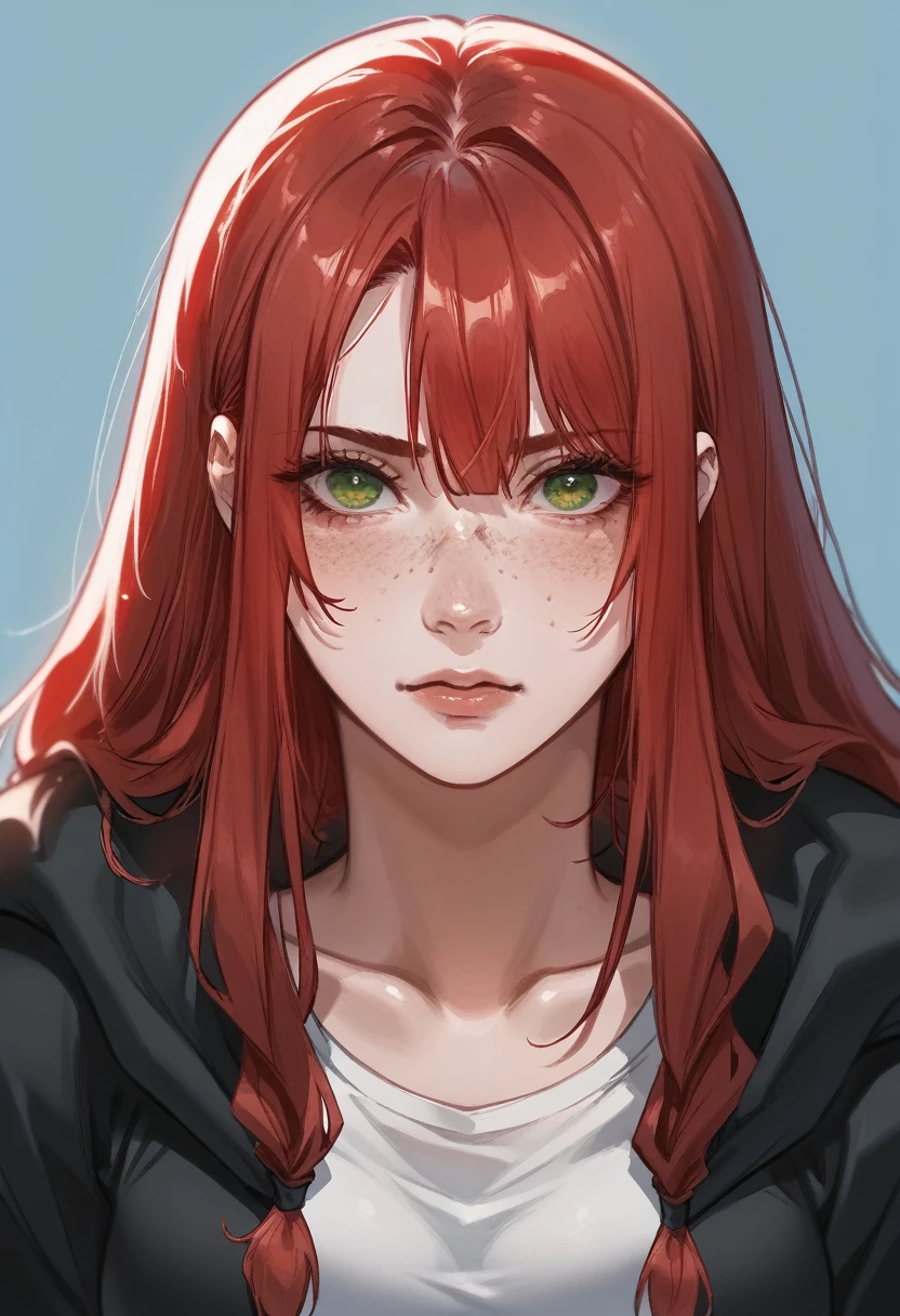 there is a drawing of a woman with red hair and a blue background, a character portrait inspired by Rei Kamoi, deviantart contest winner, digital art, red hair girl, she has red hair, red haired girl, with red hair and green eyes, with red hair, red head, crimson red hair and red eyes, red hair and freckles, halfbody portrait