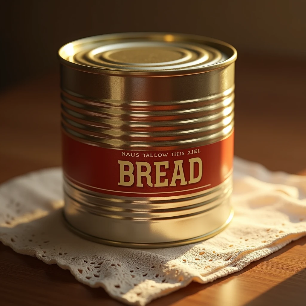 detailed closeup of a square tin can of canned bread, placed on a handkerchief, photorealistic, intricate details, warm lighting, soft shadows, high resolution, 8k, masterpiece