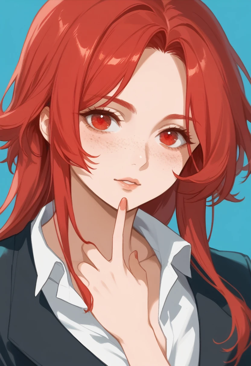 there is a drawing of a woman with red hair and a blue background, a character portrait inspired by Rei Kamoi, deviantart contest winner, digital art, red hair girl, she has red hair, red haired girl, with red hair and green eyes, with red hair, red head, crimson red hair and red eyes, red hair and freckles, halfbody portrait