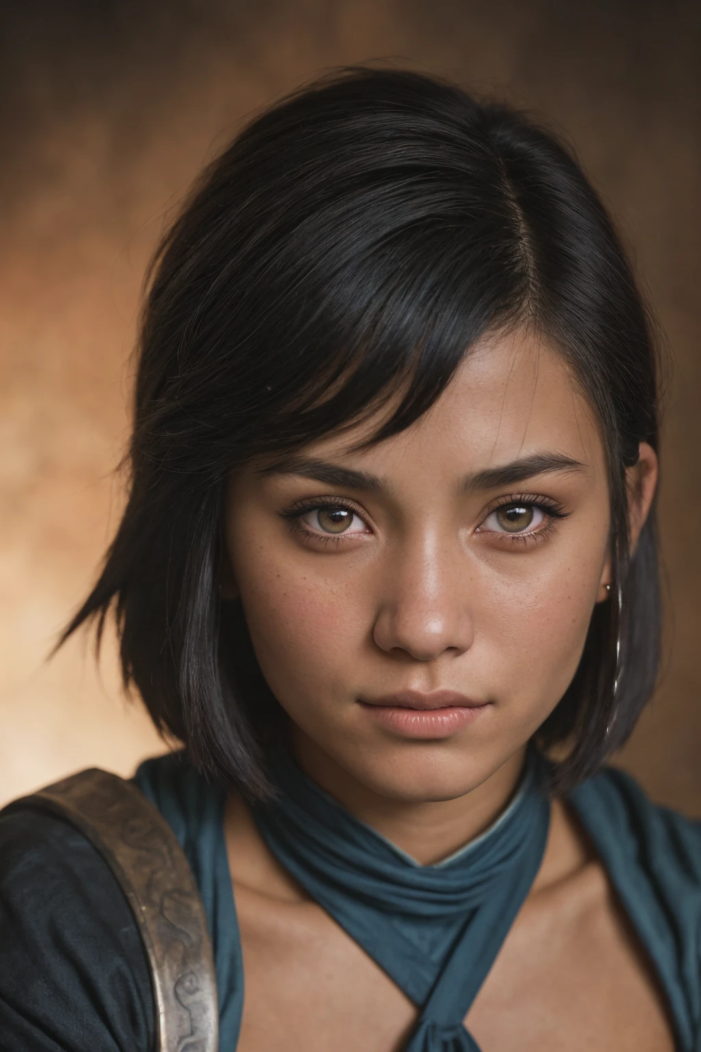 (close-up, editorial photograph of a 21 years old woman), (highly detailed face:1.4) (smile:0.7) (background inside dark, moody, private study:1.3) POV, by lee jeffries, nikon d850, film stock photograph ,4 kodak portra 400 ,camera f1.6 lens ,rich colors, hyper realistic ,lifelike texture, dramatic lighting , cinestill 800, Korra Haircut, Brave smirk, Black hair, Blue eyes, Avatar: Legend of Korra, Korra skin, Korra expression, Lakota Woman, Tribal Fur Coat, masterpiece, Athletic Body