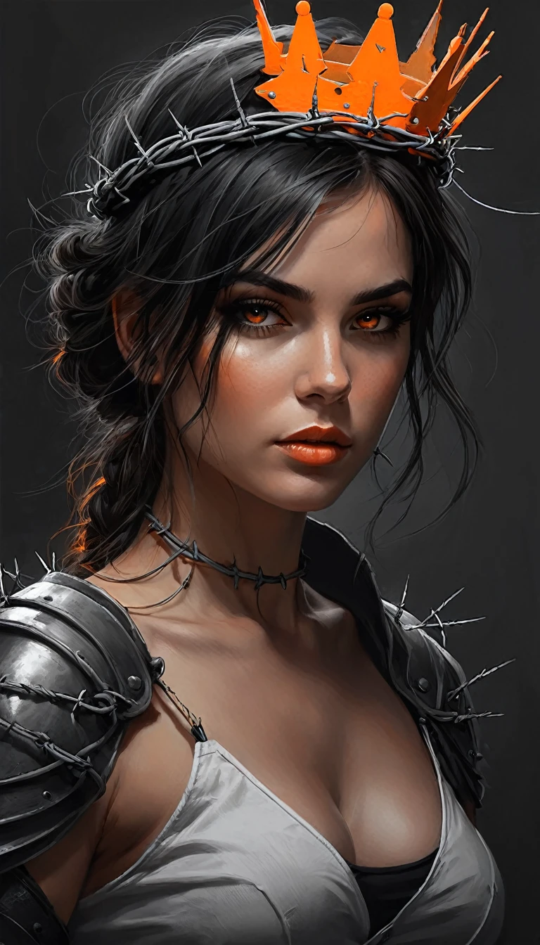 an image of a female with crown of barbed wire and a glow orange, in the style of speedpainting, dark white and dark gray, character studies, dom qwek, nihilcore, wlop, iconic, Wide range of colors, Dramatic, Dynamic, Cinematic, Sharp details, dark, chiaroscuro, low-key 