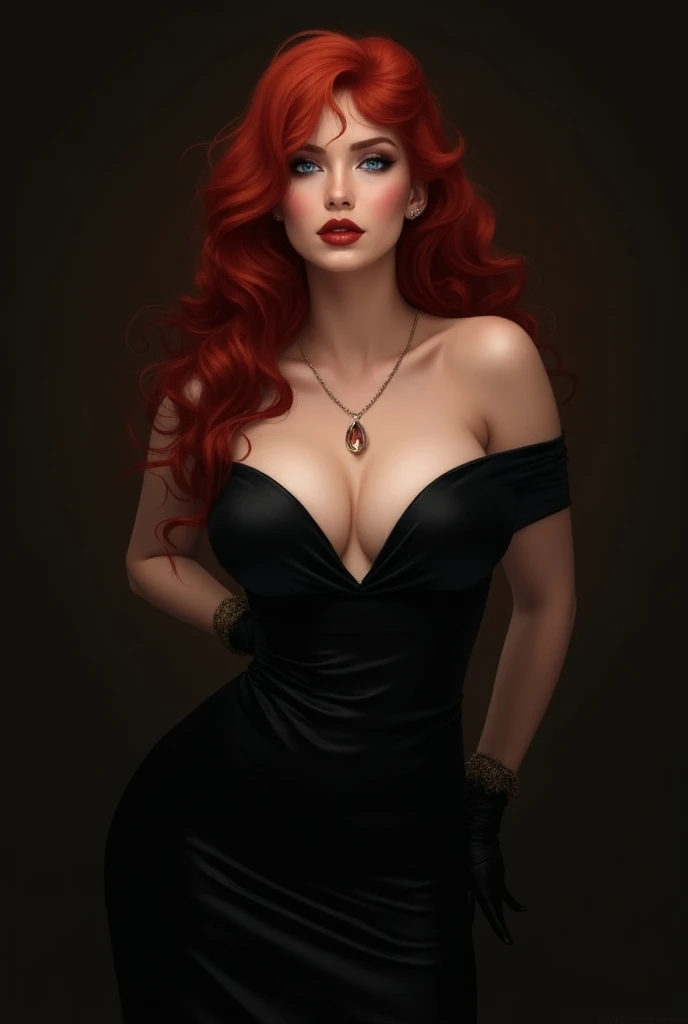 A beautiful and seductive young noblewoman with long flowing red hair, sitting gracefully on a dark Victorian chaise longue. She is wearing a black off-shoulder velvet gown that accentuates her elegant figure. Her posture is relaxed but confident, legs crossed, one arm resting on the back of the sofa. Her crimson eyes gaze directly forward with a mysterious, knowing smile. The lighting is soft and moody, with gothic shadows in the background, hinting at an opulent and arcane interior. Her presence is both mesmerizing and unsettling. Semi-realistic style, high detail, fantasy gothic atmosphere, soft skin, rich textures, dramatic contrast, no text.