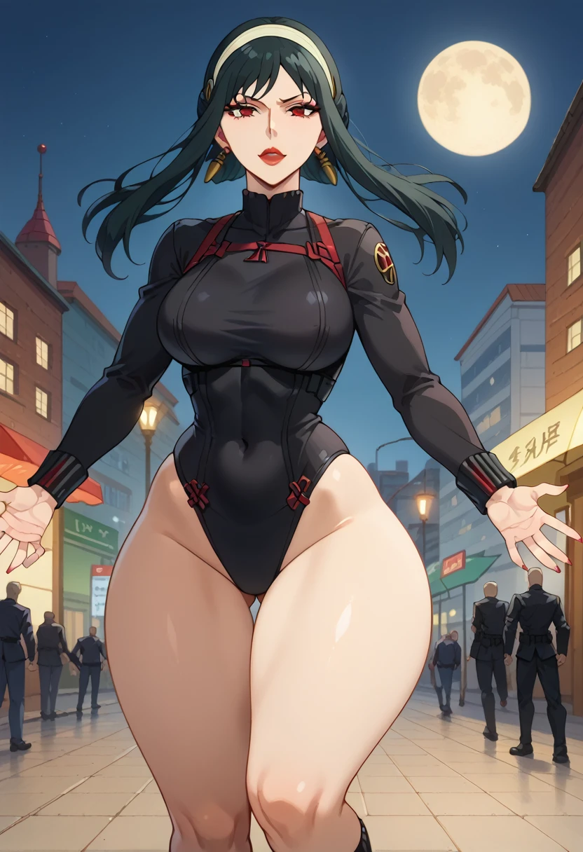 score_9, score_8_up, score_7_up, source_anime, front view, happy, Marvel_Black_Widow, solo, yor briar, black hair, red eyes, earrings, white hairband, hairband, long hair, sidelocks, black suit, tactic suit, dutch angle, action pose, iconic Black Widow black tactical suit, tactical suit black pants, one piece black tactical suit, reinforced armor, utility belts, metallic boots and the red hourglass symbol on her belt. pink nails, makeup, 1girl, lipstick, makeup, earrings, red lips. (((big hips))), hourglass body, (medium breasts:1.5), slim waist, detailed background. femenine hands, curvaceous figure. (wide hips:1.5), (wide thighs:1.5),, buildings, (mature body), perfect eyes, front view, nail polish, (perfect hands), masterpiece, high quality, 1girl, mature woman, milf, makeup, seductive face, thick red lips, detail face, hourglass body, curvy body, perfect huge round breast, wide hips, perfect huge round butt, thick thighs, night, looking at viewer, outdoors, city street background, smooth, cinematic lighting, moon lighting, semi realistic, expressiveh, easynegative, Expressiveh, ng_deepnegative_v1_75t, good_hands 