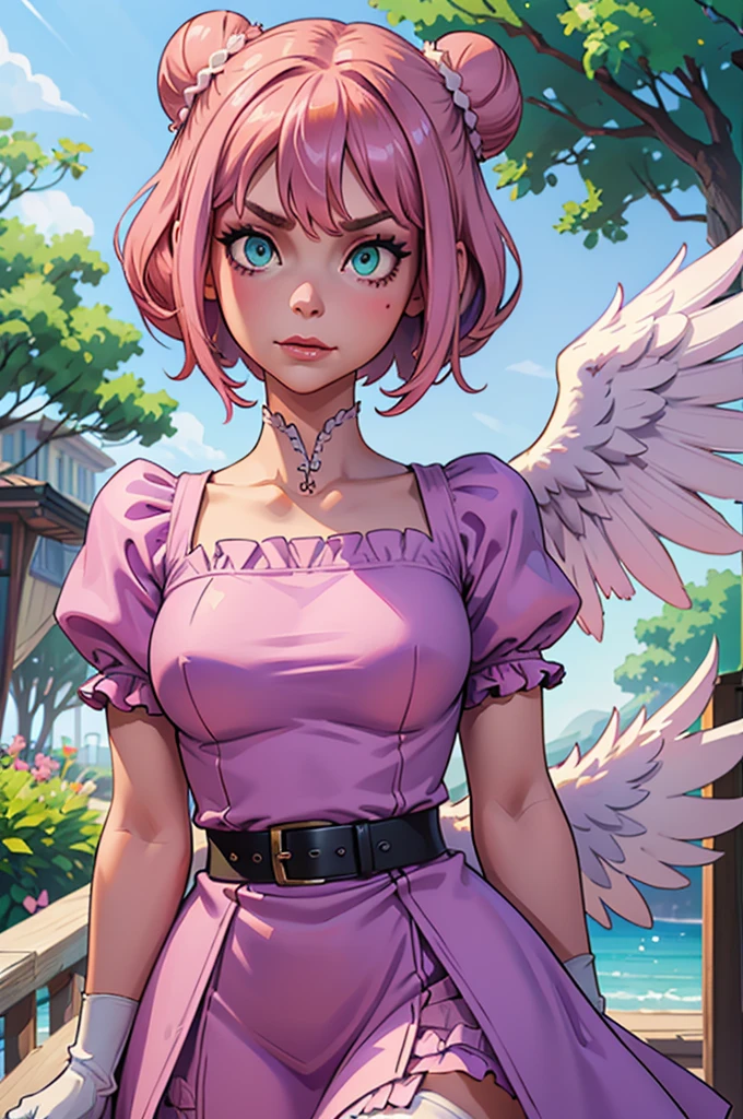 (Better quality,  masterpiece ), looking down, wind, Particle,  upper body, 1 girl, ((angel wings)), ((pink skin)), red lips, short hair, (((loose hair))), (((two buns hair))), ((lilac hair)), ((green eyes)), Big breast, (((very lilac clothes))), (white gloves), ((lilac bouffant dress)), ((white stockings)), frowning, ((insane face angry)), fringe hair, (smiling), hair bangs, ((aire levantando vestido)), white panties