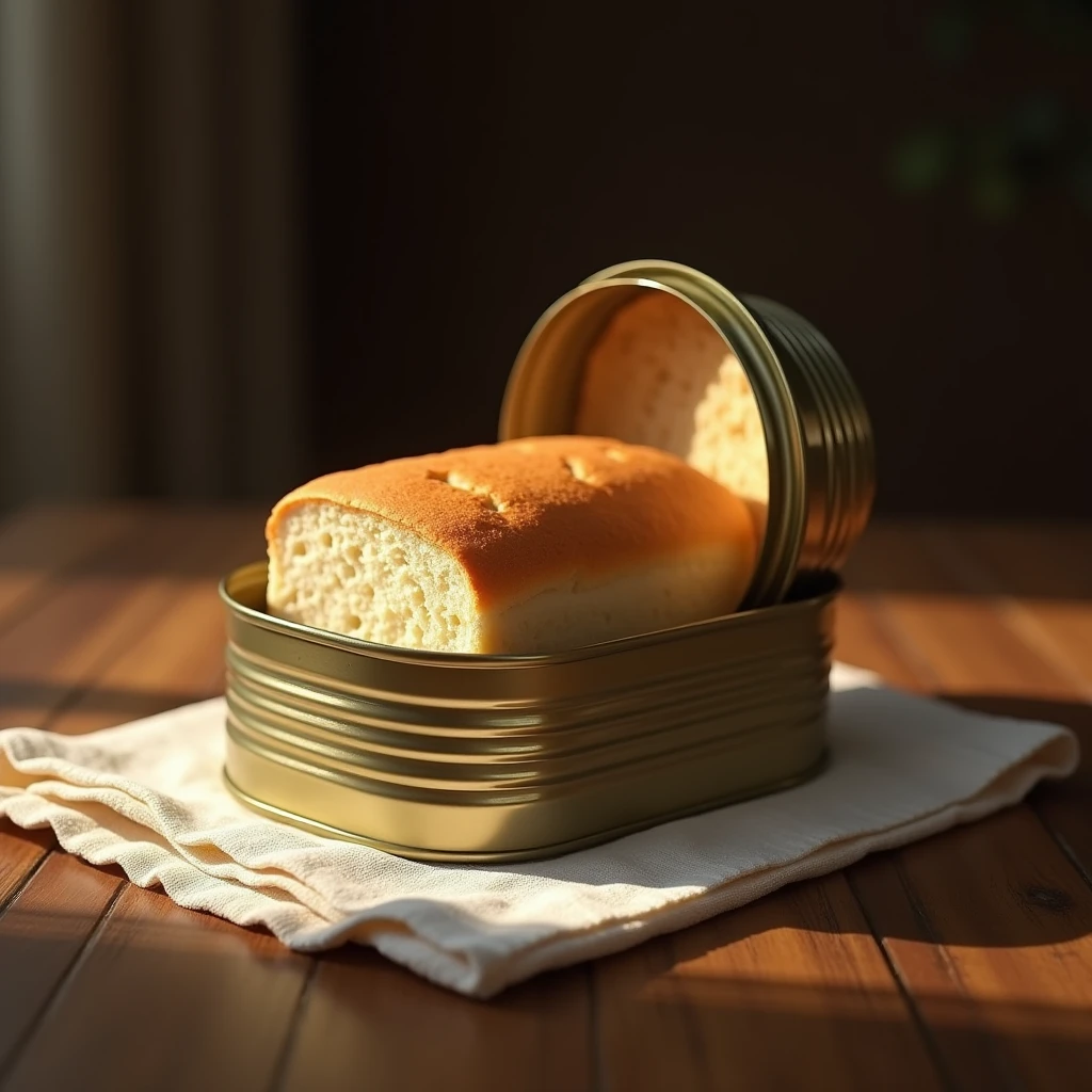 detailed closeup of a square tin can of canned bread, placed on a handkerchief, photorealistic, intricate details, warm lighting, soft shadows, high resolution, 8k, masterpiece