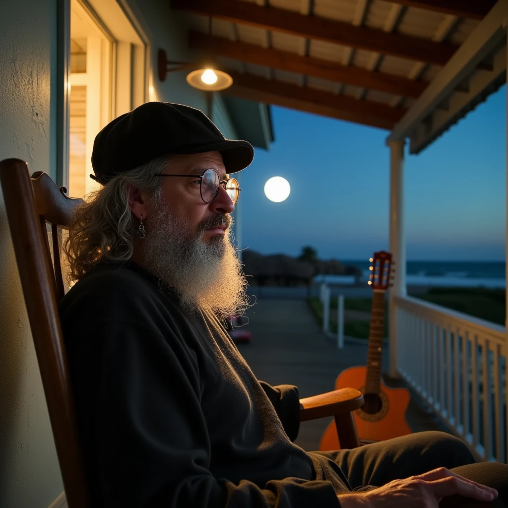 damettaflux001, Masterpiece, front-facing angle, a 70-year-old man with long, curly white hair and a black beret. His face is deeply wrinkled, with a long white beard and small round glasses. He is sitting on a wooden rocking chair, a guitar resting beside him. The setting is a peaceful beach house veranda at night, the sound of ocean waves in the background. Moonlit sky casts soft shadows, the warm, rustic atmosphere illuminated by dim porch lights, 16K, ultra-high-resolution, photorealistic, cinematic lighting
