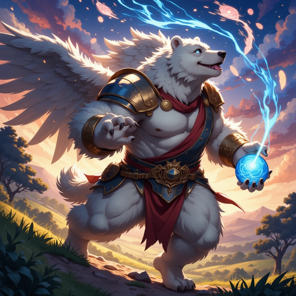 character focus, full body, looking away, dynamic angle, SFW, angel, a muscular middle-aged polar bear man, angel wings, happy, light smile, clothed, costume, armor, rushing wind, hold with both hands quantum electromagnetic life form sacred sphere, spinning fly, dynamic pose, BREAK complete anatomy, perfect proportions, beautiful thigh gap, fluffy body, intricate fur details, beautiful fur texture, BREAK a detailed bear tail, detailed toe, 5toes, 5toes nails, beautiful foot, detailed hands, 5fingers, 5fingers nails, BREAK cute face, aesthetic anime face, insanity detailed face, male face, big face, square jawline, aesthetic anime eyes, detailed brown eyes, detailed brown cornea, detailed dark brown irises, detailed pupils, male eyes, big eyes, male eyebrows, innocent look, beautiful beard, BREAK full body in Michelangelo Buonarroti style, digital illustration anime, housamo style, detailed painting landscape, twilight, kaleidoscopic swirls, france, outdoor, full body, HDR, BREAK masterpiece, official art, best quality, very aesthetic, absurdres, super fine illustration, great quality, BREAK noise reduction, very highres, large filesize, high quality, 32K, 8k wallpaper, dynamic lighting, BREAK insanity detailed, ultra detailed, intricate details, extremely detailed, detailed texture, an extremely delicate and beautiful, BREAK osukemo, e621 illustration, kemohomo, anthropomorphic, furry, cartoon, harmonious body, pastoral face, virtuous eyes, epic atmosphere