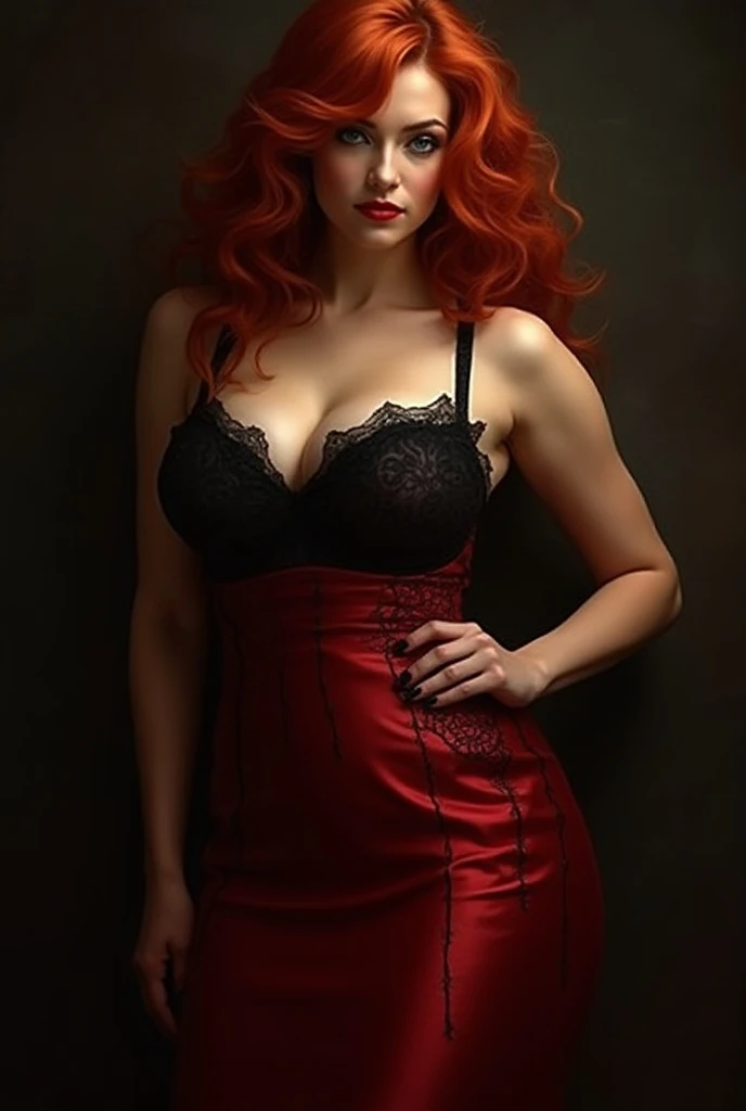 beautiful 20 year old, red hair, voluminous 80's hair, green eyes, photo-realistic skin texture, seductive smile, large tits, (Duotone [black and red] corset:1.4) with matching panties, background is a Victorian era bedroom, laying on bed, (full body:1.5), from behind