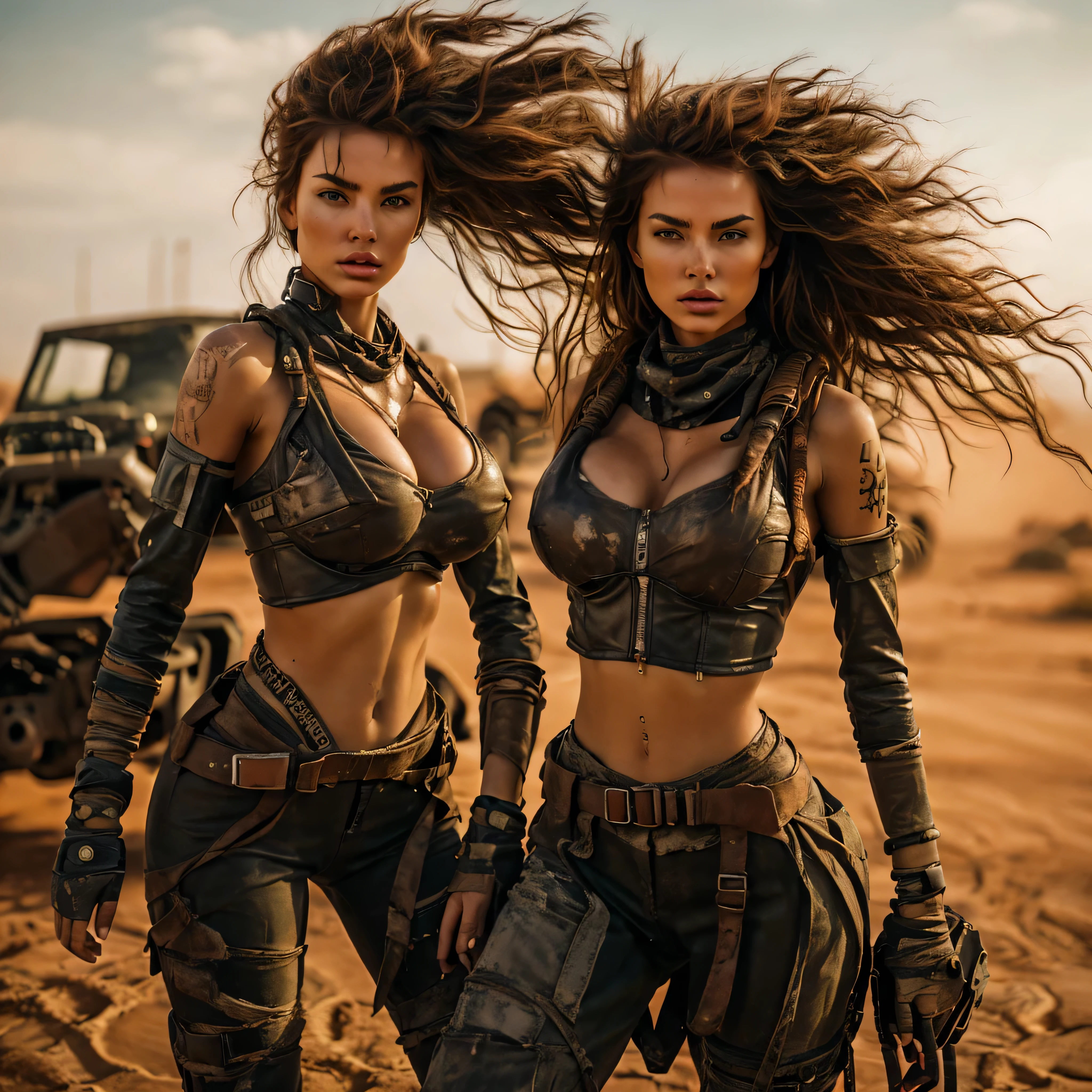 post apocalyptic scene,  In the faint light of the zero dawn horizon, an abandoned futuristic machine, with visible wear, is alone on a desolate planet. Paint the scene with intricate details, rust-colored metallic tones, and neon details, evoking a sense of mystery and solitude. beautiful woman, Woman 1,76m, Loose brown hair,  sculptural body , with huge breasts, silicone breasts, 800ml silicone, thin waist, waist 57cm and wide hips, hips with 105cm, round ass, high-waisted jacket, big ass. ((clothing: post apocapitica, clothing de couro, pouca clothing, crop top, taking off wide covering the nipples, EXHIBITED THIGHS, clothing rasgada.
