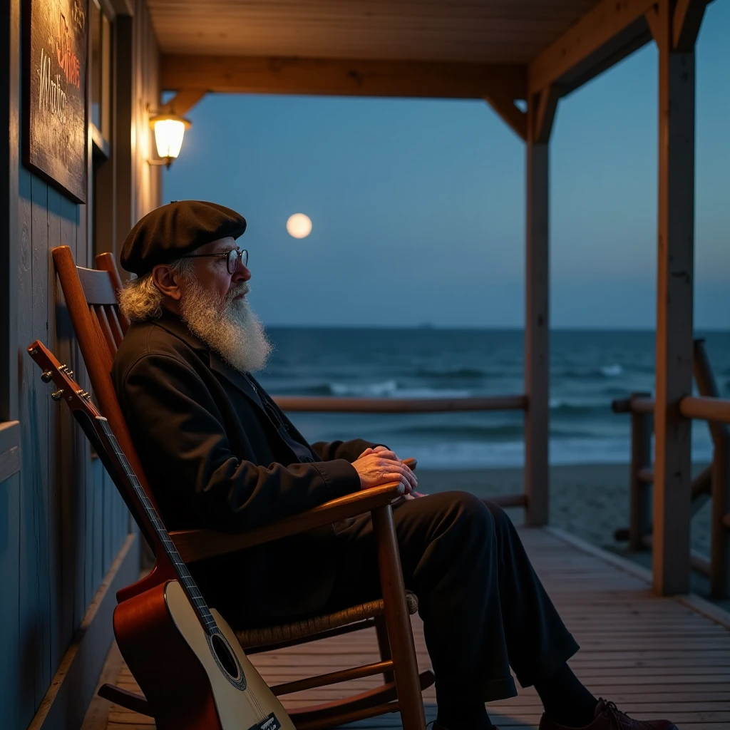 damettaflux001, Masterpiece, front-facing angle, a 70-year-old man with long, curly white hair and a black beret. His face is deeply wrinkled, with a long white beard and small round glasses. He is sitting on a wooden rocking chair, a guitar resting beside him. The setting is a peaceful beach house veranda at night, the sound of ocean waves in the background. Moonlit sky casts soft shadows, the warm, rustic atmosphere illuminated by dim porch lights, 16K, ultra-high-resolution, photorealistic, cinematic lighting
